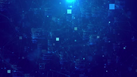 digital animation coding plexus pattern complex data flow glowing nodes lines floating programming