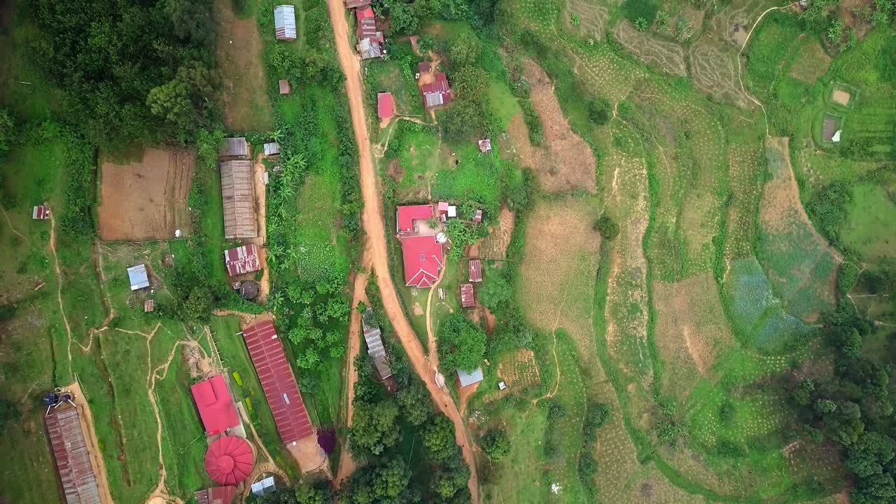 Tampilan udara dari atas ke bawah dari pertanian terasering dan bangunan pedesaan di lereng curam di dataran tinggi Uganda barat, yang terkenal dengan tanah vulkaniknya, curah hujan bimodal, dan sistem pertanian subsisten