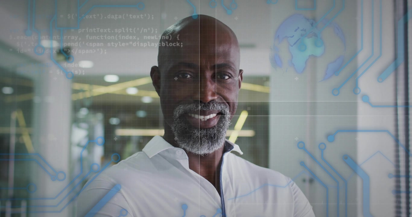 Male manager starting code scrolling torso, forming circuits turning globe showing digital shift