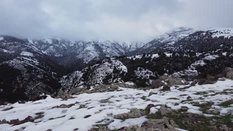 snowy mountain landscape, epic winter background, low aerial, backwards