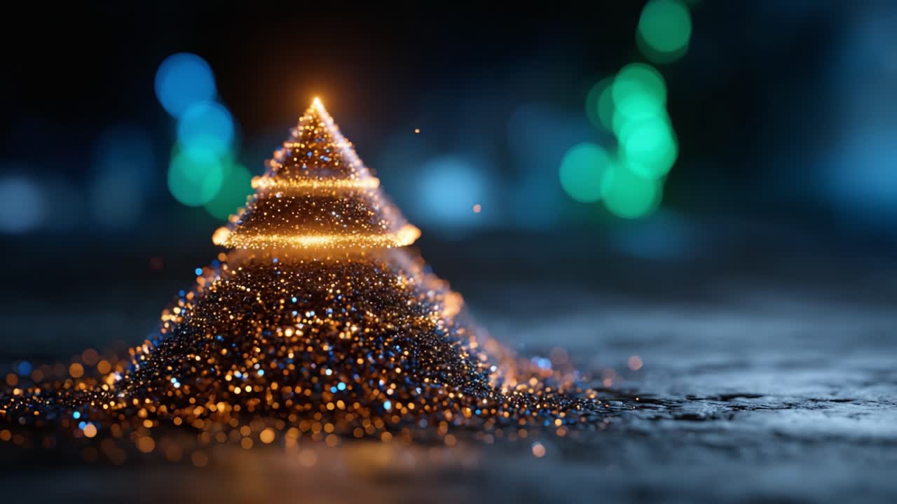 Un'ipnotica piramide di luci e particelle scintillanti, che mette in mostra una miscela di tonalità arancioni e blu su uno sfondo leggermente sfocato, evocando un senso di meraviglia