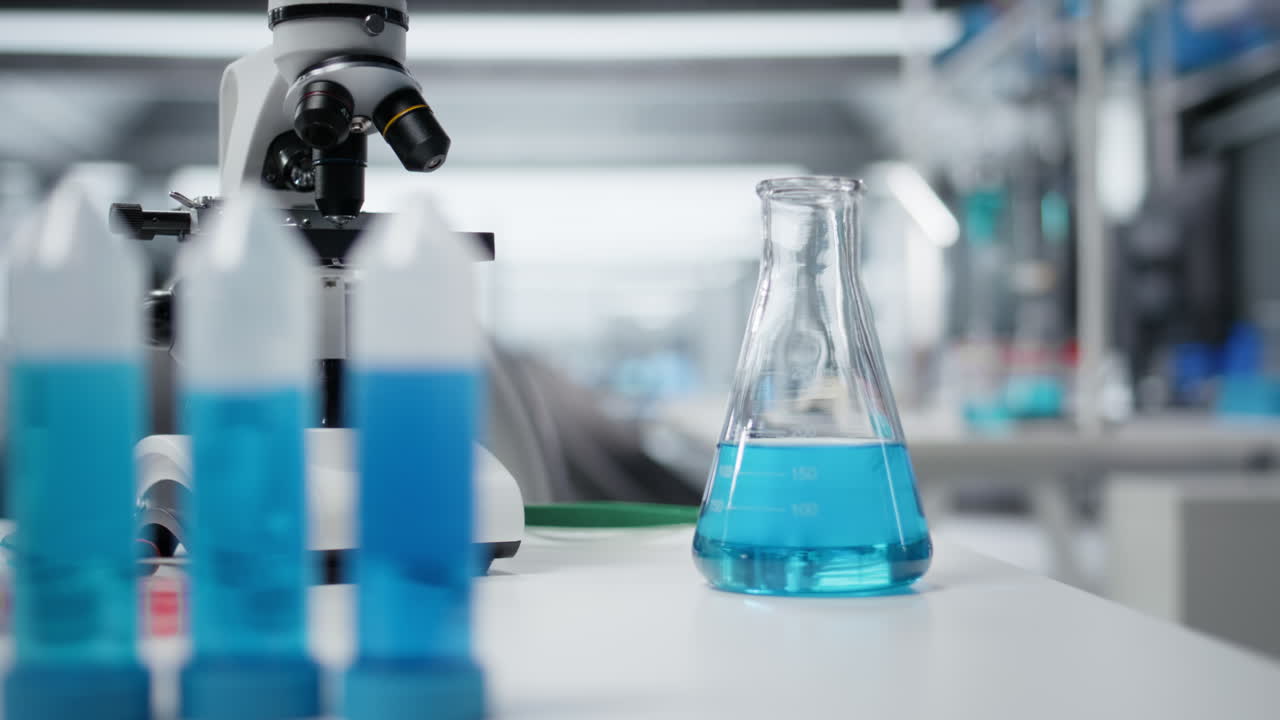 Close up of laboratory workbench filled with colorful chemical solutions