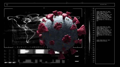 digital animation of covid-19 cell over digital interface with data processing on black background