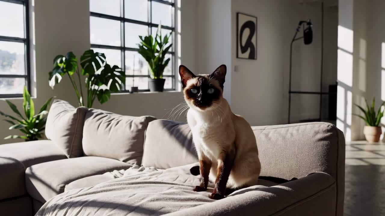 Gatto siamese che si rilassa su un divano in un soggiorno moderno