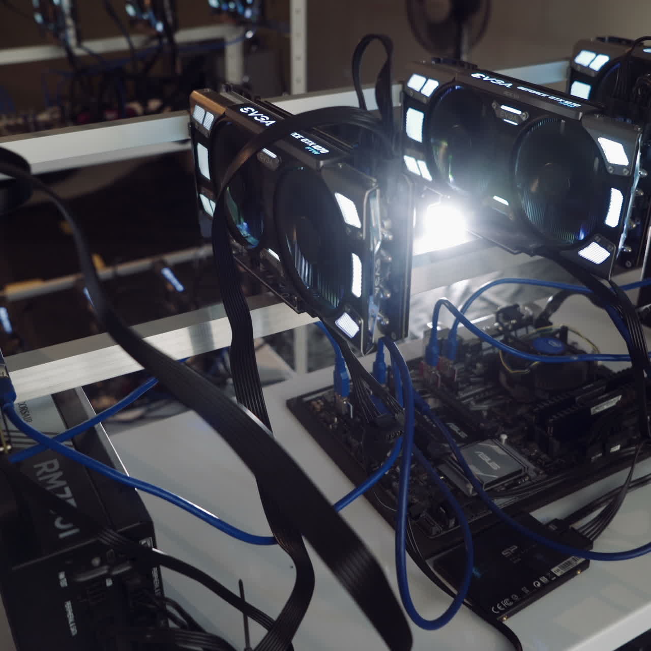 Farm for mining cryptocurrency on video cards. Virtual cryptocurrency concept. Bitcoin.