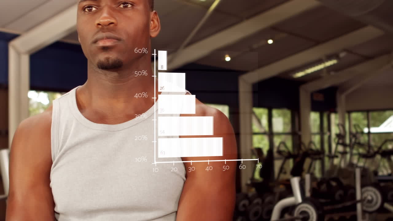 Animation of statistics processing over african american man exercising in gym