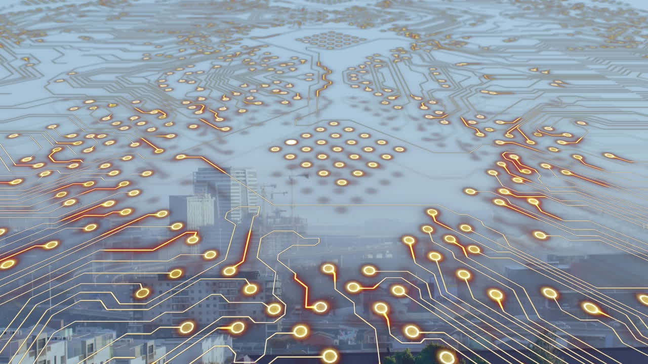 Animation of computer circuit board over cityscape