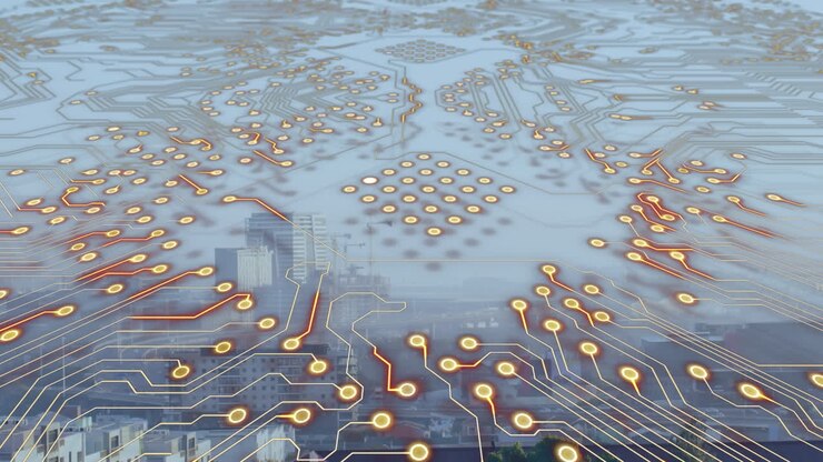 Animazione di un circuito stampato di computer su uno skyline urbano.