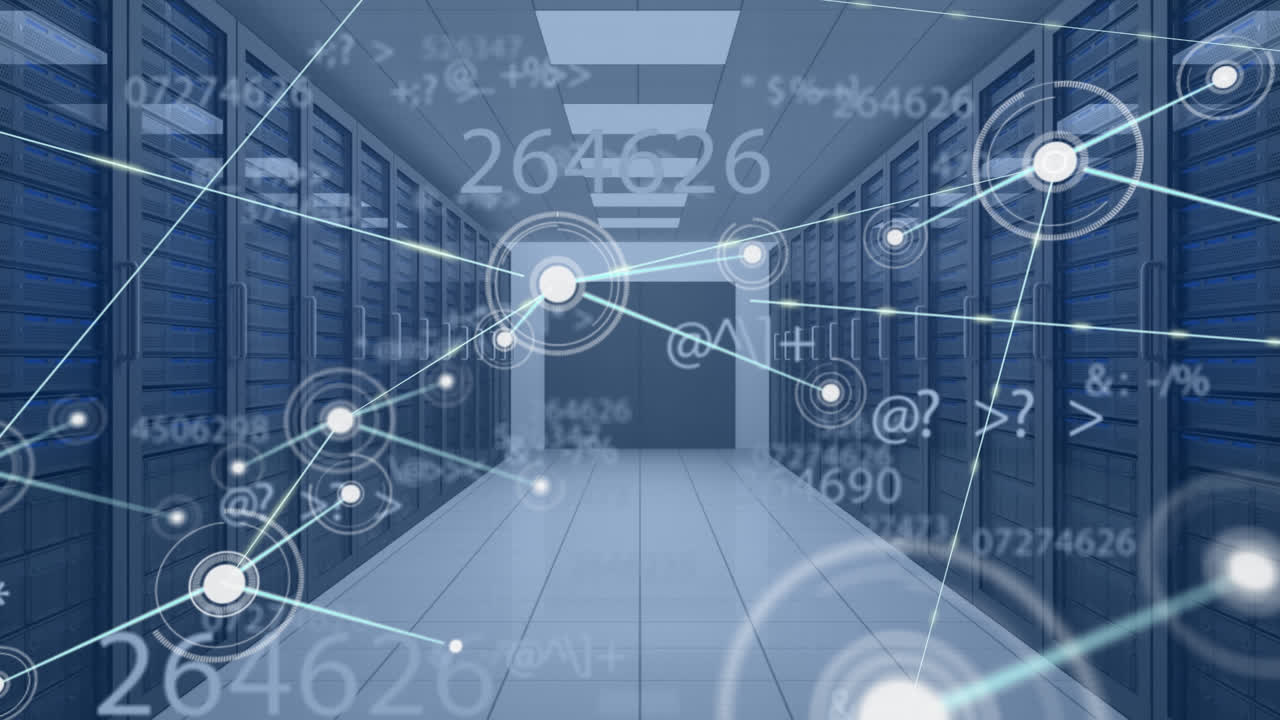 컴퓨터 서버를 통해 디지털 아이콘과 숫자를 가진 연결 네트워크의 애니메이션