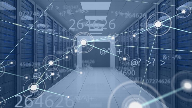 Animation of network of connections with digital icons and numbers over computer servers