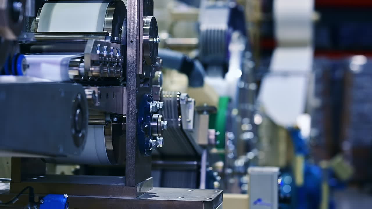 Automated mechanisms working harmoniously at the factory producing diapers. Conveyor line passing nappies side view.