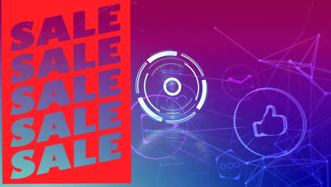 sale text banner and round scanner over network of digital icons against gradient background