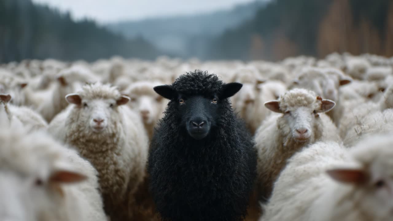 A Striking Contrast in Nature: A Black Sheep Stands Tall Amongst a Sea of White Sheep in a Serene Rural Landscape