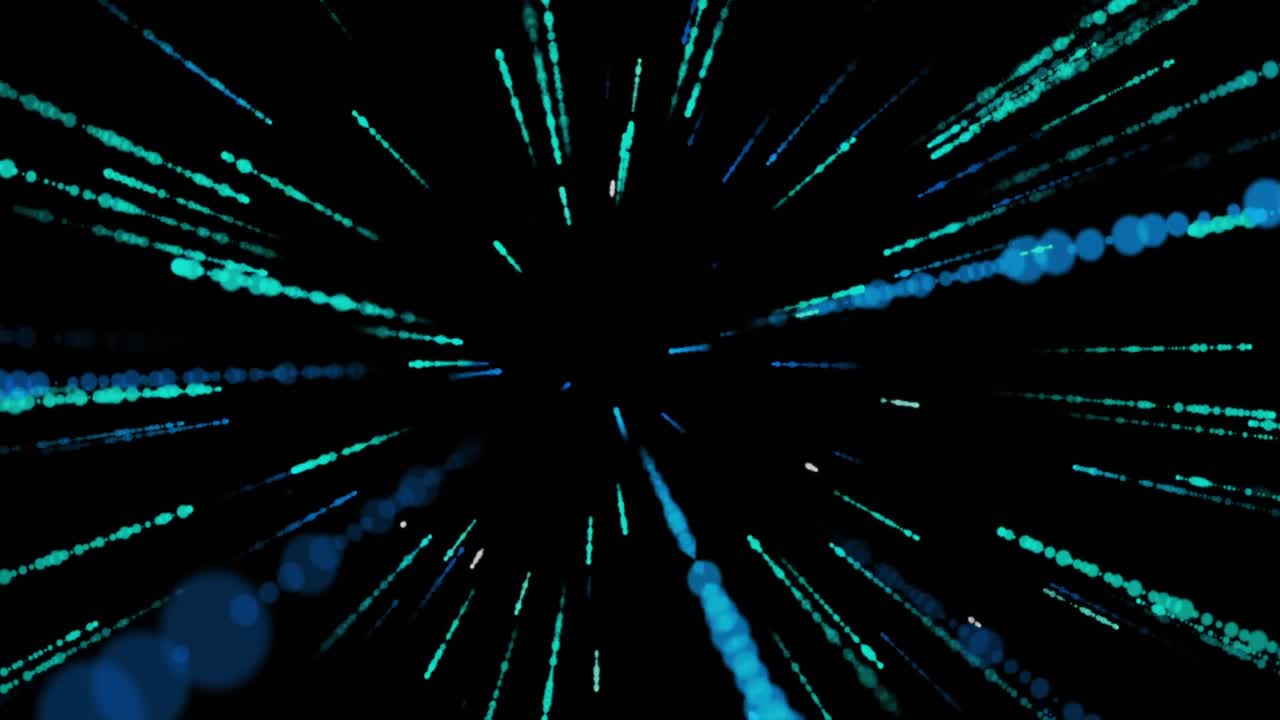 animación de líneas hechas de puntos verdes que se mueven rápidamente en perspectiva sobre un fondo negro