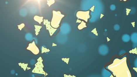 animación de árboles de navidad y iconos de campanas sobre puntos de luz en fondo azul con espacio de copia