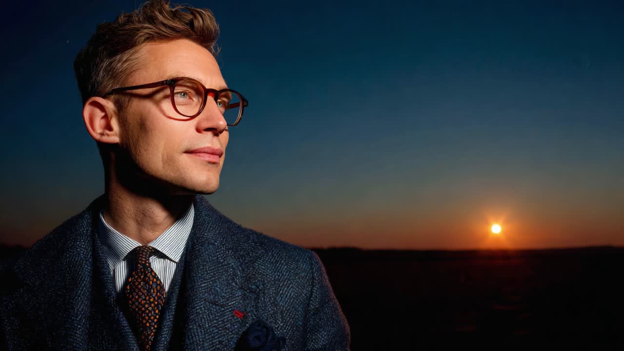 A Stylish Gentleman Posing at Sunset: Capturing Elegance in Twilight with a Warm Glow in the Background and a Thoughtful Expression