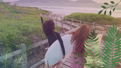 animation of happy diverse female surfers walking with surfing boards