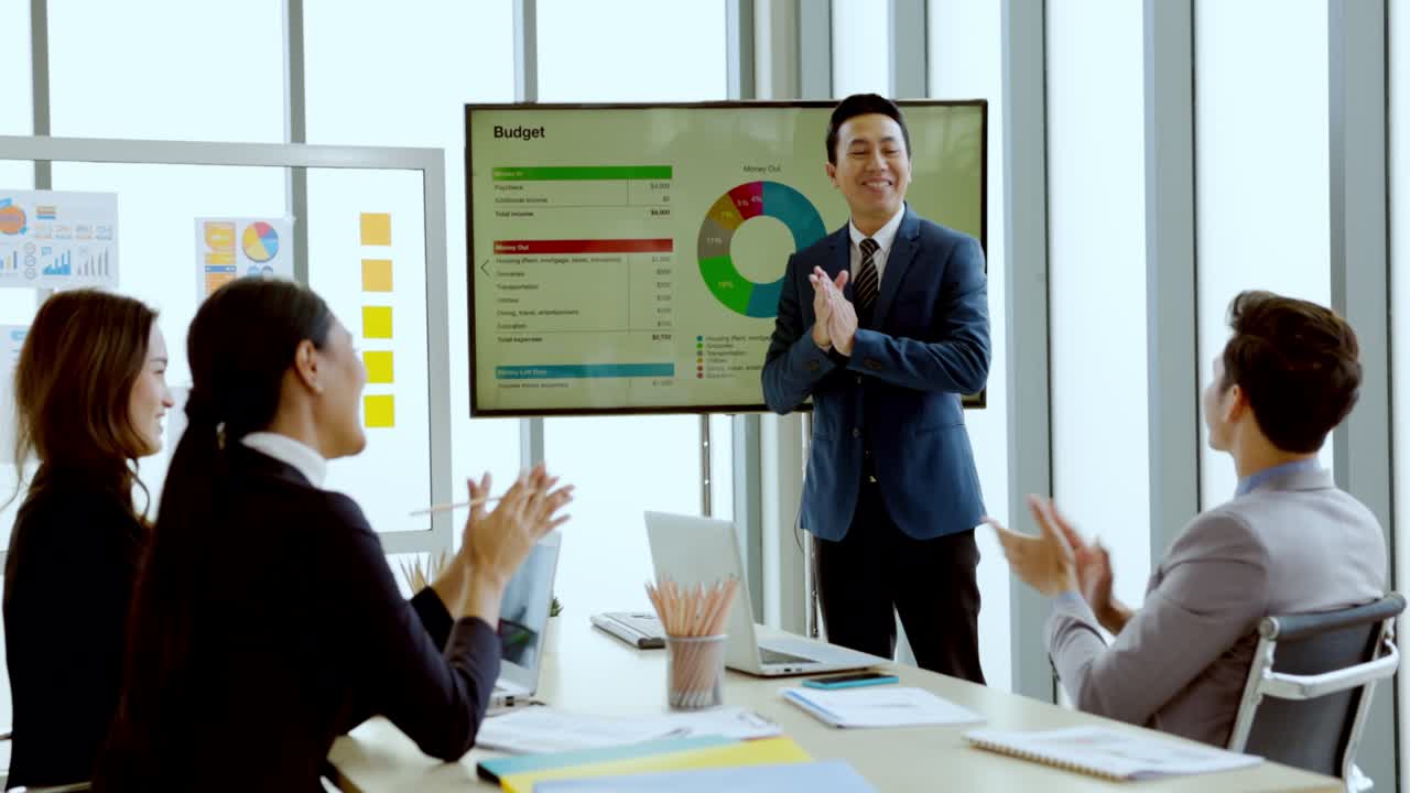 아시아 사업가 그룹은 현대적인 회의실에서 비즈니스 문서 마케팅 정보를 제시하여 주식 시장, 부동산에서 사업을 계획하기 위해 모였습니다.