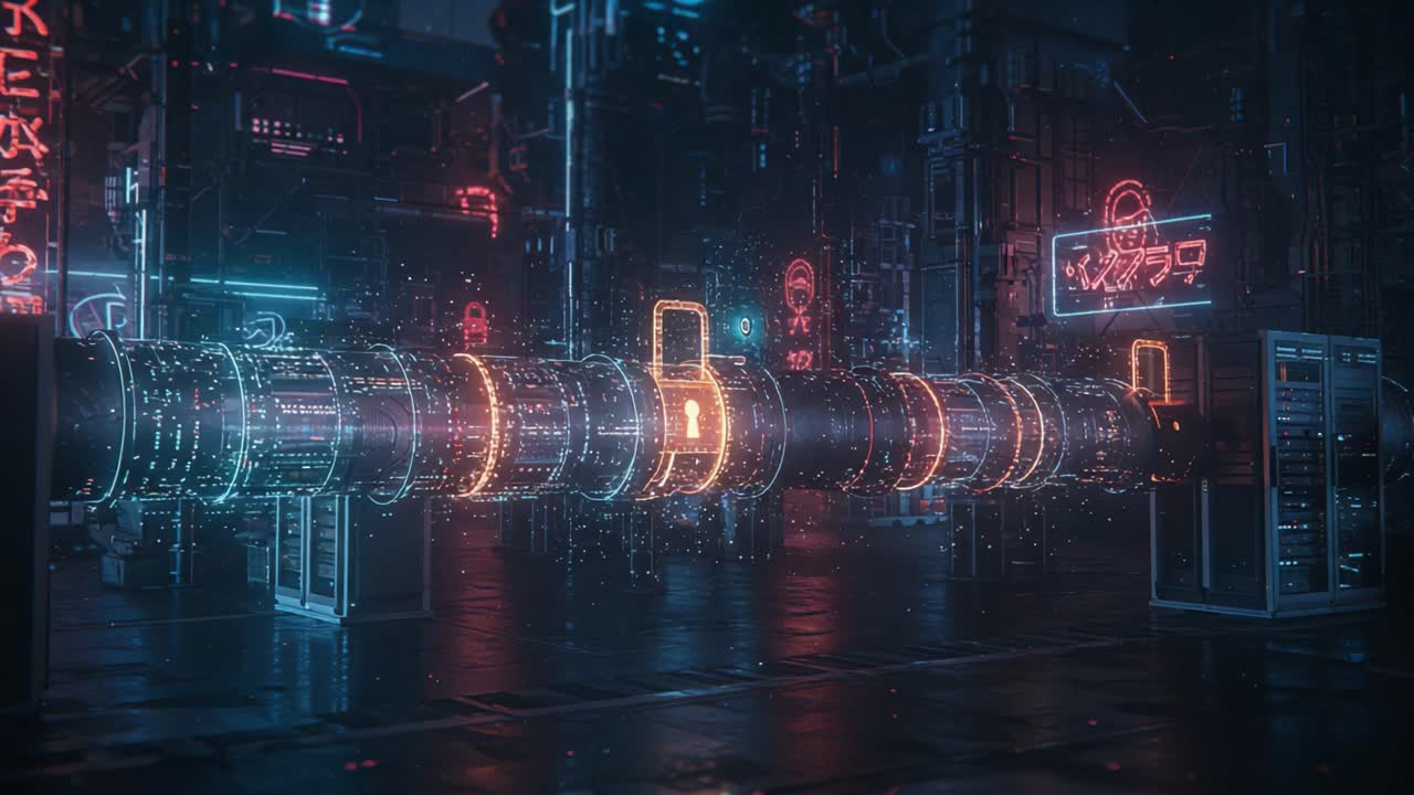 Futuristic Digital Network with Secure Data Transmission and Cyber Lock Illustration - A Glimpse into Advanced Security in Urban Environments