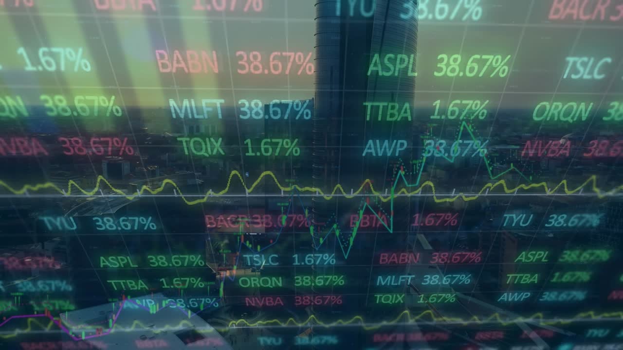 Animazione di elaborazione di dati statistici e di borsa su vista aerea di paesaggio urbano