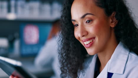 Science,-research-and-happy-woman-with-tablet