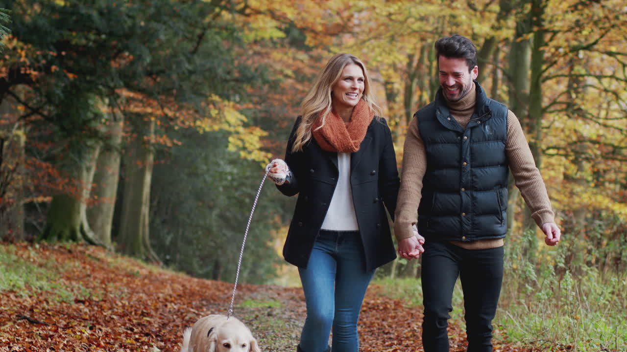pareja feliz tomando perro para pasear a lo largo del camino en el campo de otoño juntos
