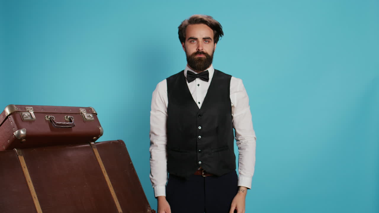 Bellboy raises hand to show stop sign