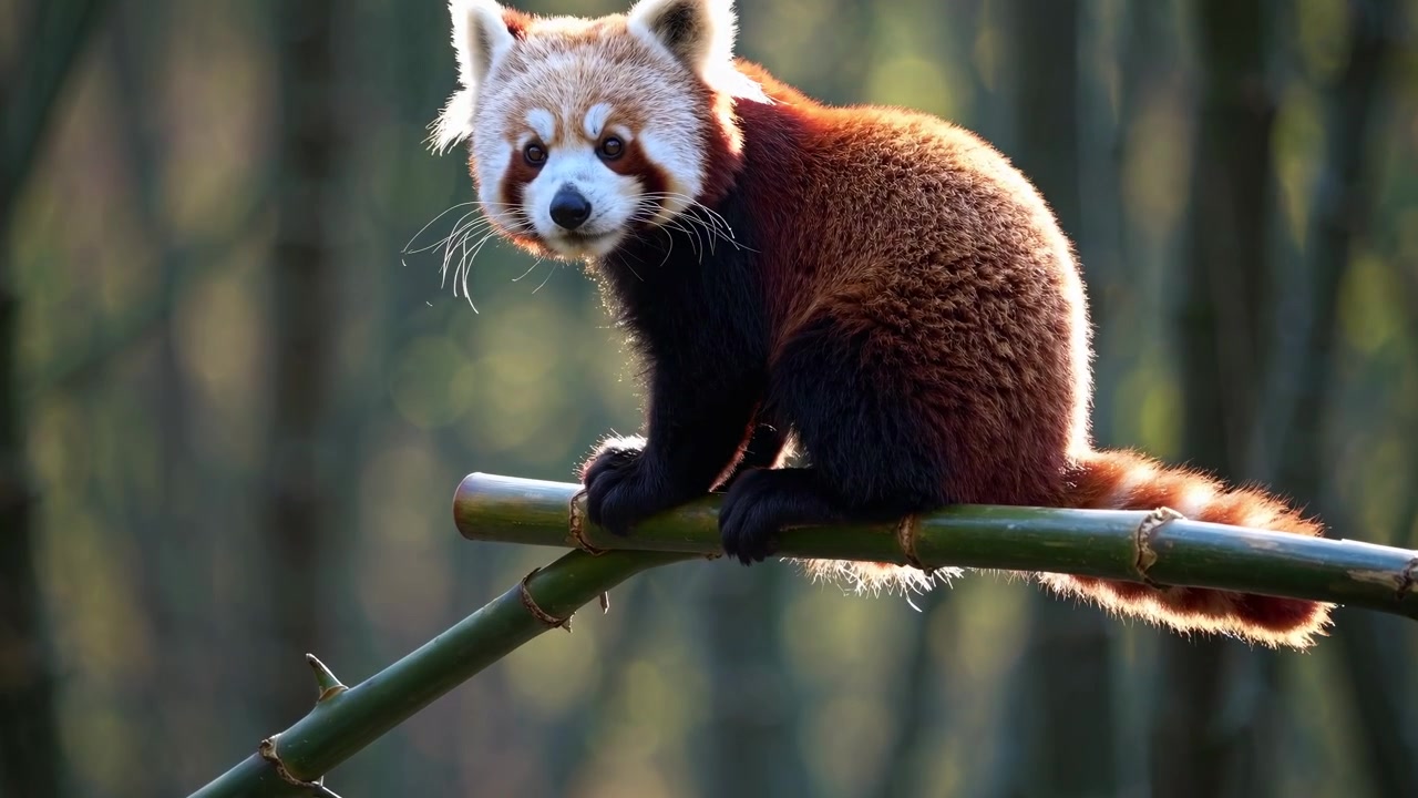 Roter Panda auf einem Bambuszweig im Wald sitzend