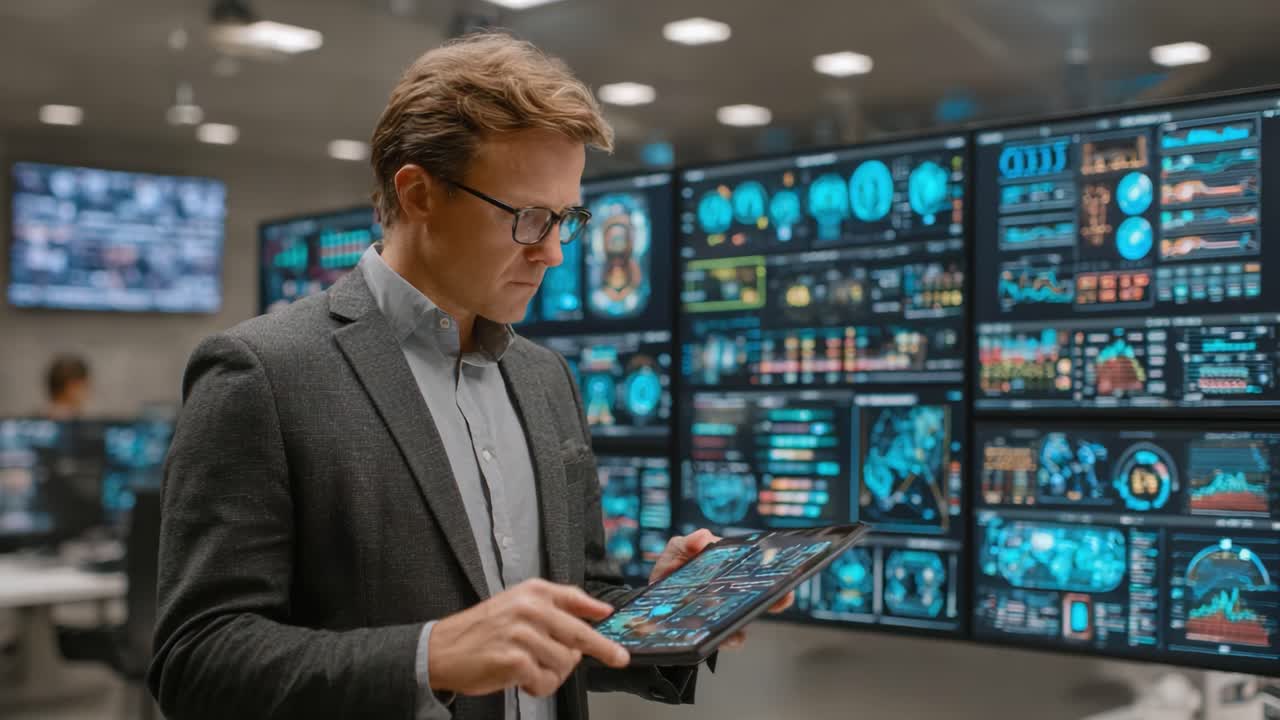 A focused professional analyzes data on a tablet device amidst a backdrop of multiple digital displays showcasing complex analytics and metrics in a modern workspace