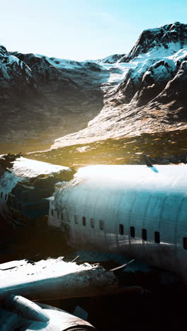 crashed airplane in a snowy mountain