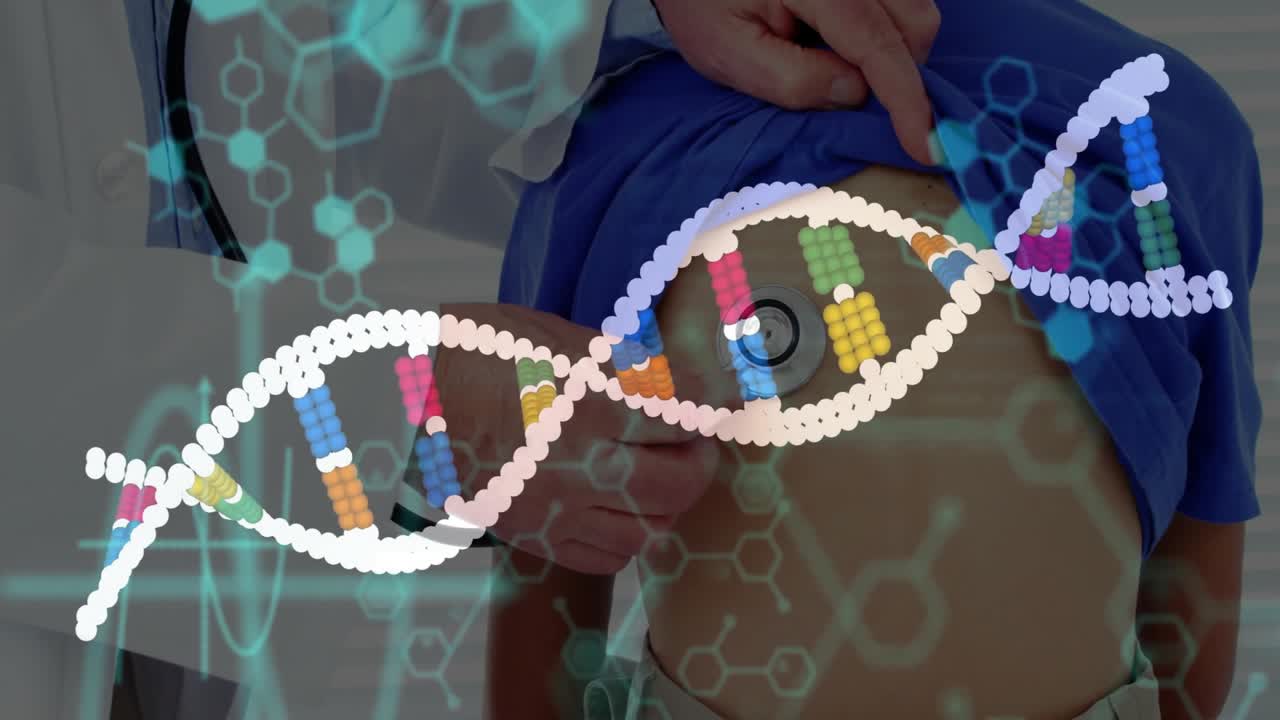 Male doctor placing stethoscope on boy's back and conducting lung exam with animated DNA helix