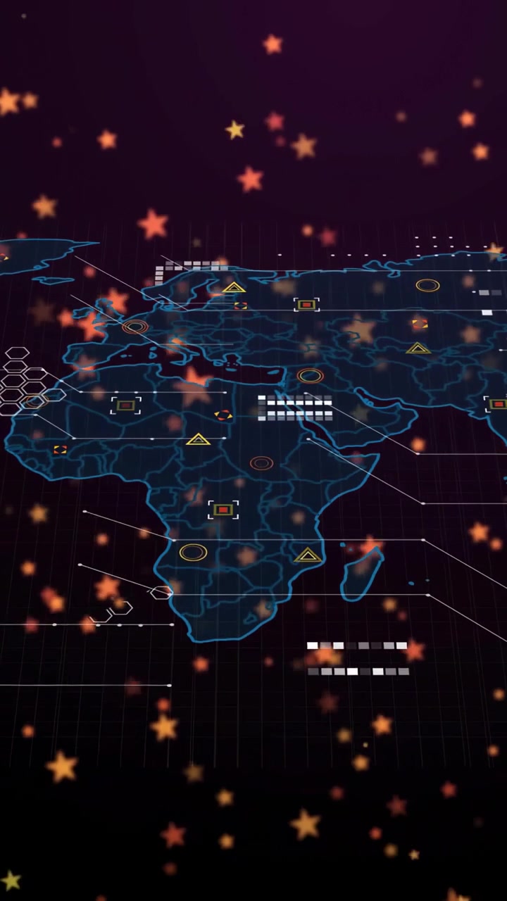 Vertical video: Neon-blue map fading in under orange stars, HUD animating, lighting nodes for tech