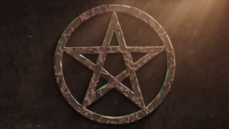 high quality dramatic motion graphic of a satanic pentacle icon symbol, rapidly eroding and rusting and decaying, with warm atmospheric light rays and dust motes