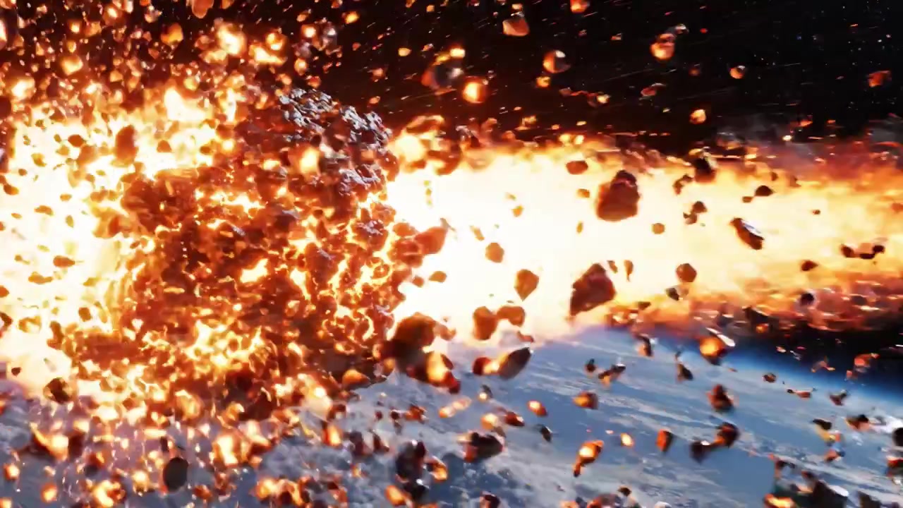 Una vista drammatica di un asteroide infuocato che sfreccia nello spazio verso la Terra, mostrando il potente impatto e i detriti infuocati proiettati nella sua scia.