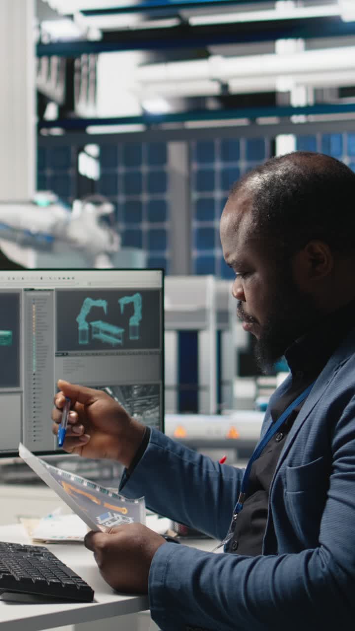 Vertical Video Black alternative energy consultant handling operations in a solar tech plant