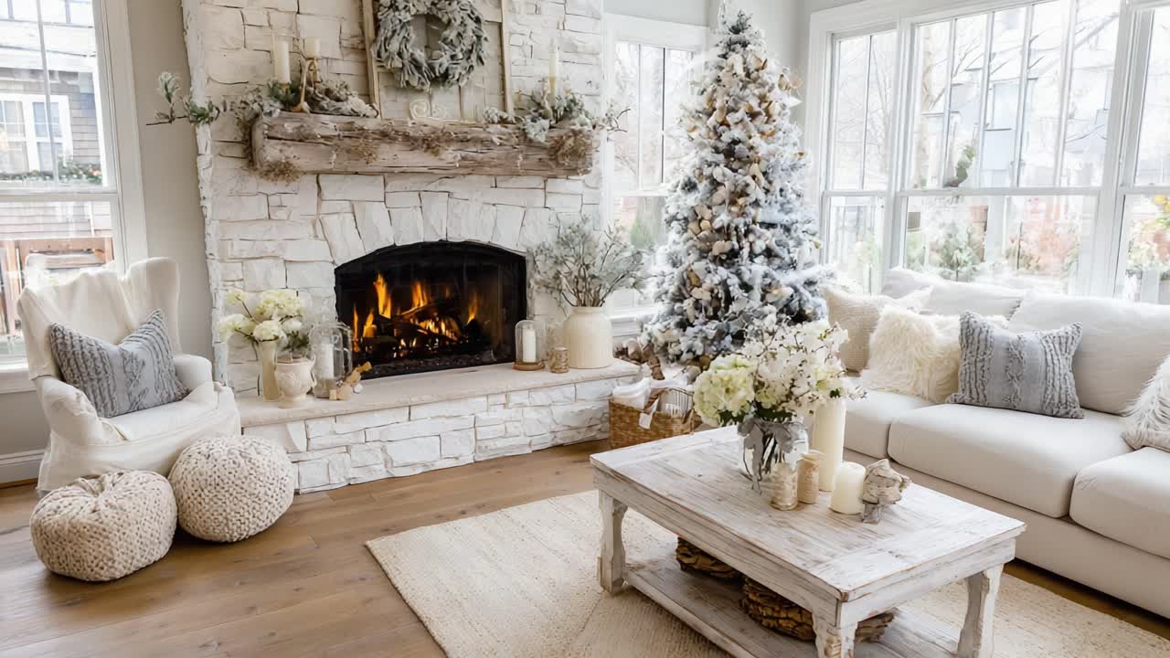 Cozy Winter Living Room Decor Featuring a Beautifully Adorned Christmas Tree and Warm Fireplace, Creating a Festive and Inviting Atmosphere for the Holidays