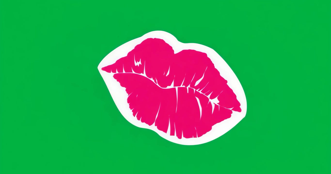 Impronta di labbra rosa che fluttua su tela trasparente, con bordo bianco spesso nel design grafico.