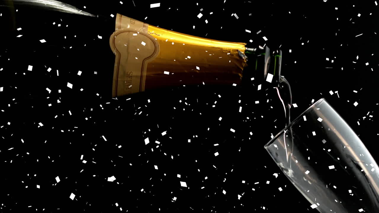 Animation de confettis tombant sur une bouteille de champagne versant dans un verre sur fond noir