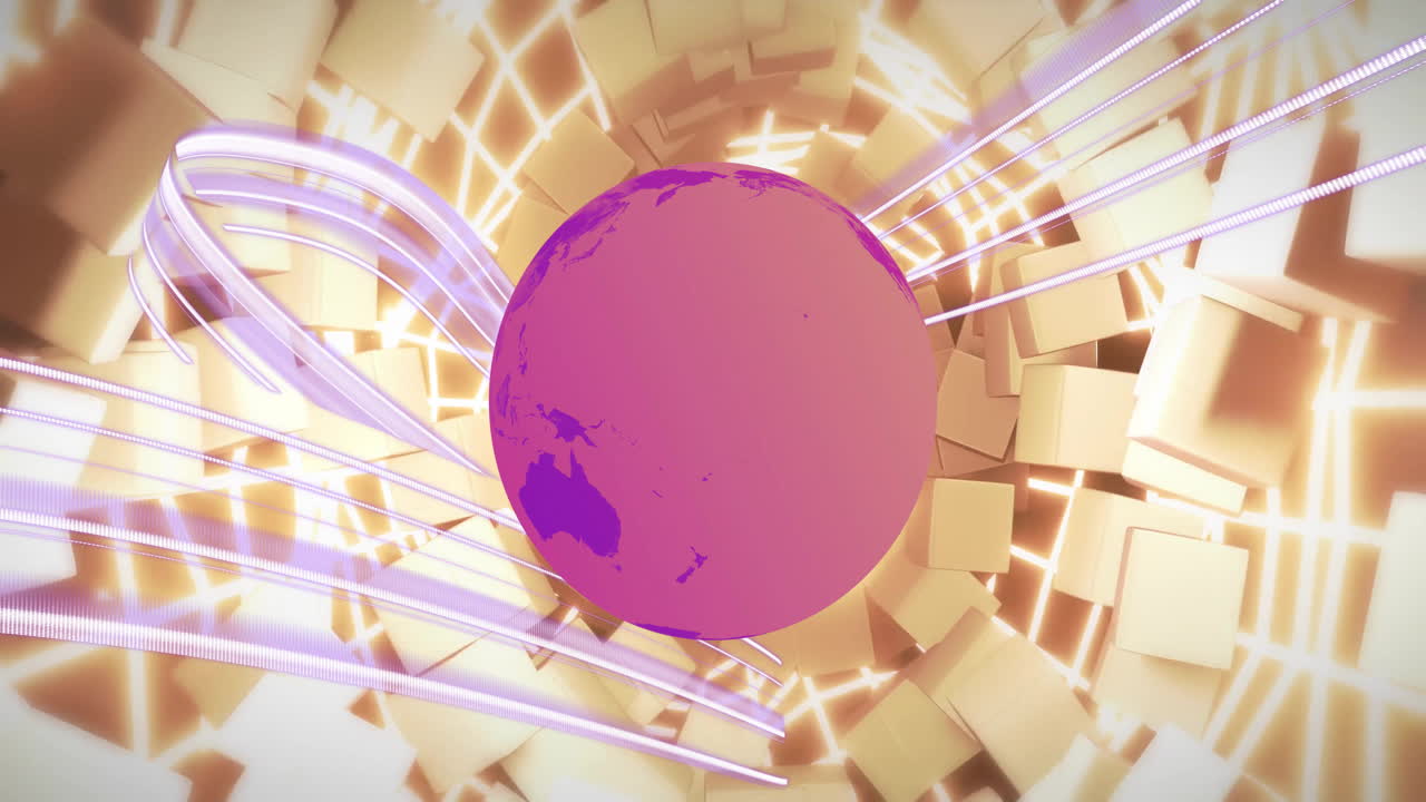 Rotating globe with purple continents and lines, surrounded by geometric shapes