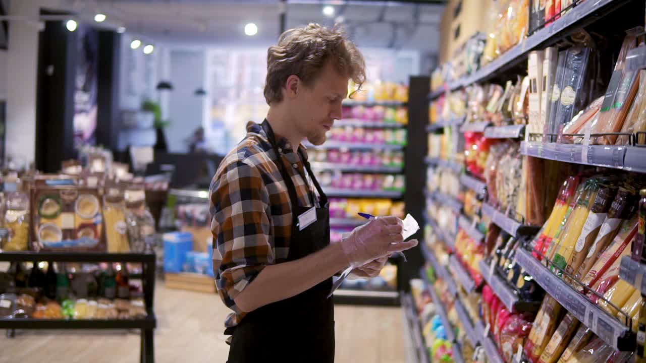 un empleado de tienda serio que trabaja en el supermercado está recurriendo a artículos en un estante, escribiendo la falta de productos en el bloc. vista lateral