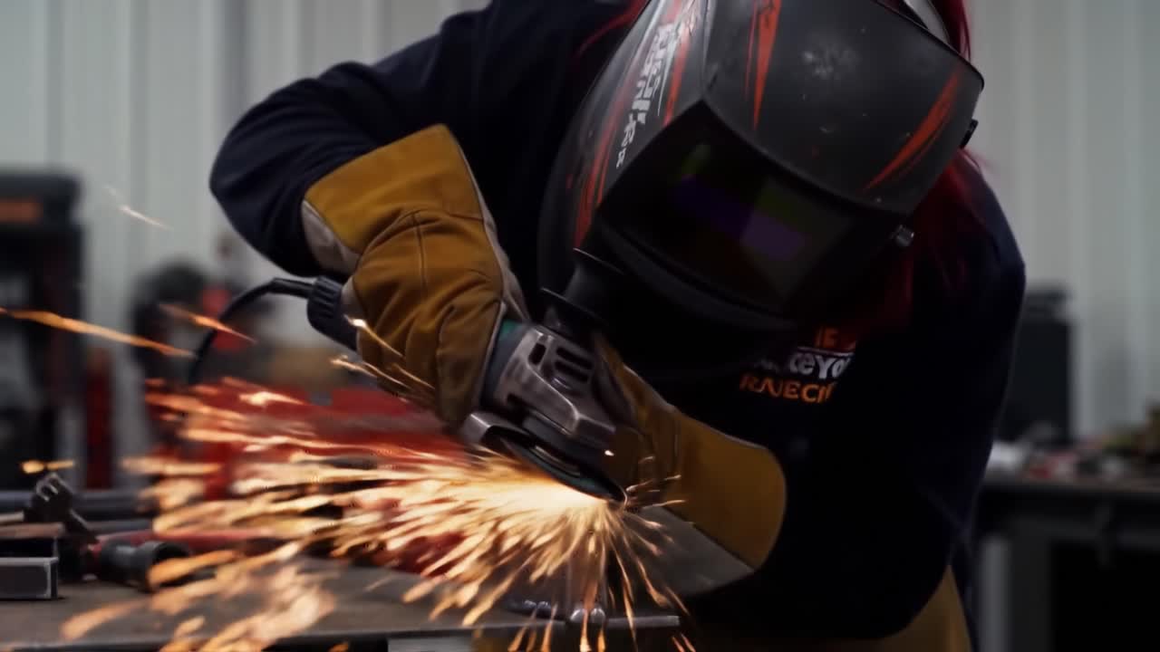 Woman Welder Grinding Metal