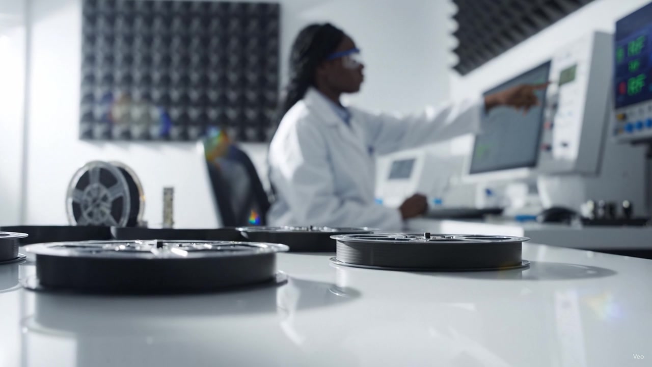 A focused scientist in a laboratory setting working with film reels and advanced equipment, highlighting the intricate process of film analysis and research.