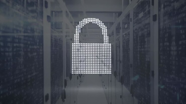 Animation of changing security padlock, shield and cloud icon against computer server room