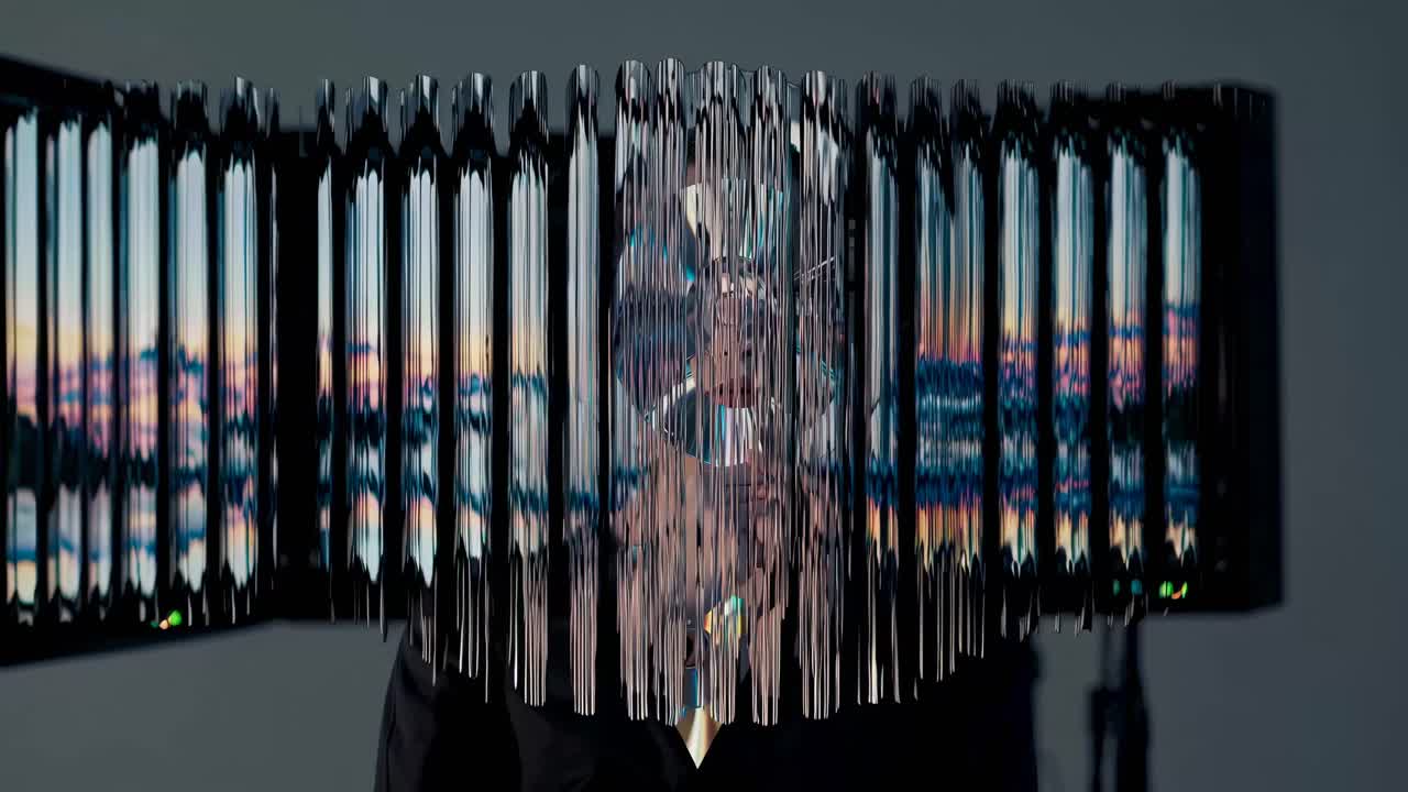 Woman with CD Mask in Front of Screens