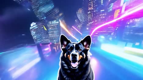 a dog running through a neon-lit city at night