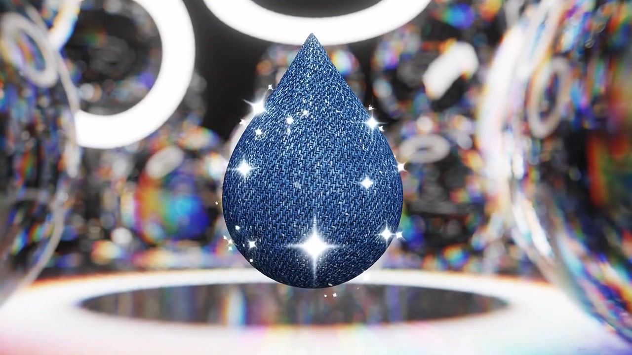 Una goccia ipnotizzante di texture denim sospesa in un ambiente luminoso e riflettente, che mostra dettagli intricati e colori vivaci che catturano l'essenza della creatività.