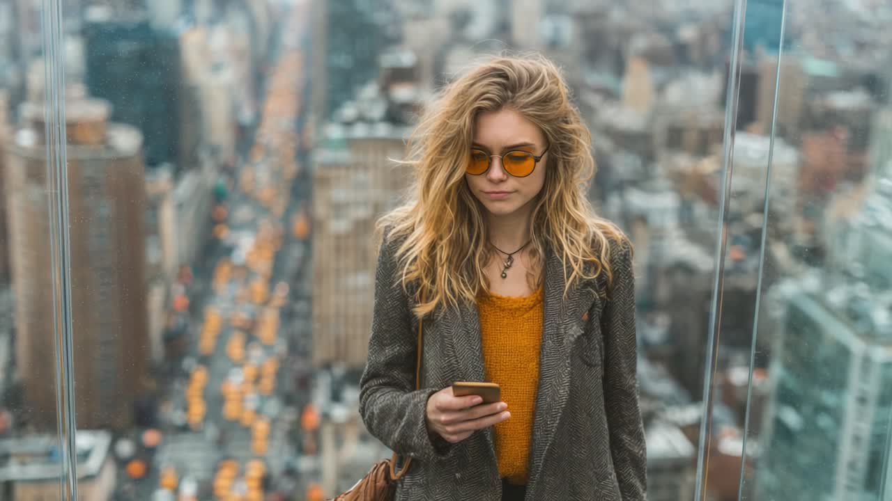 Una giovane donna alla moda si gode la vista sulla città mentre controlla i messaggi sul suo smartphone, catturando un momento di serenità urbana dall'alto