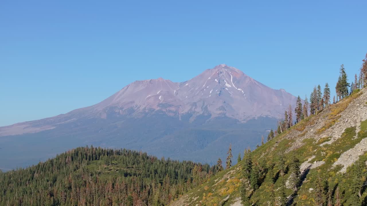 Serene view of Mt. Shasta with clear skies and lush greenery