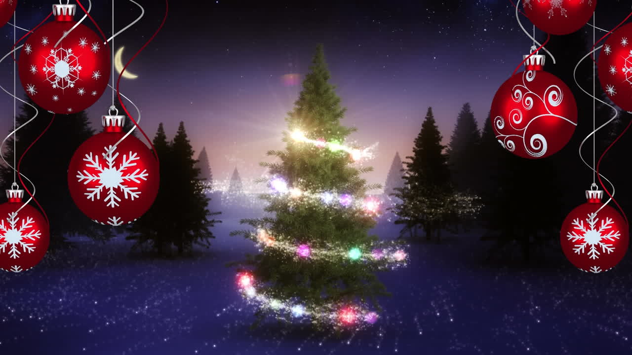 겨울 풍경 위에 떨어지는 별, 크리스마스 트리 및 baubles의 애니메이션