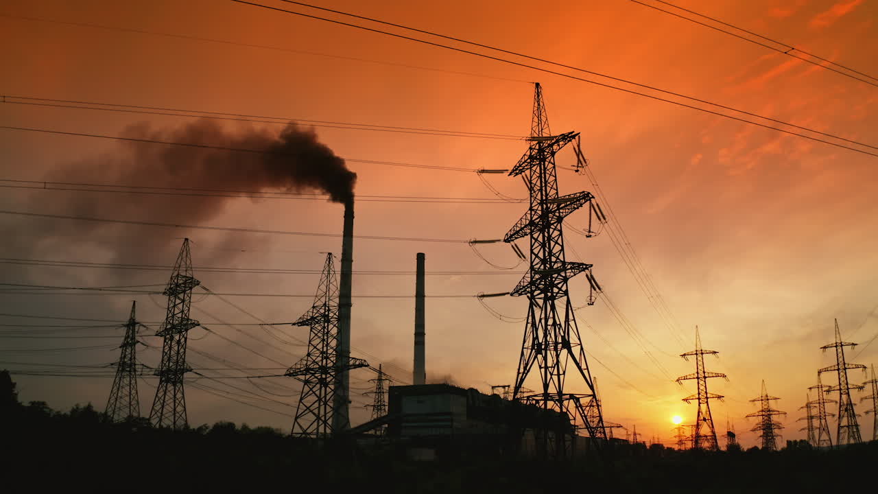 Environment in danger. Thick harmful smoke released from pipe into the sky among high-voltage electric towers against red dramatic sky at sunset.